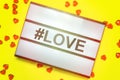 Flat lay of Lightbox on yellow background, room for text,ValentineÃ¢â¬â¢s Day concept